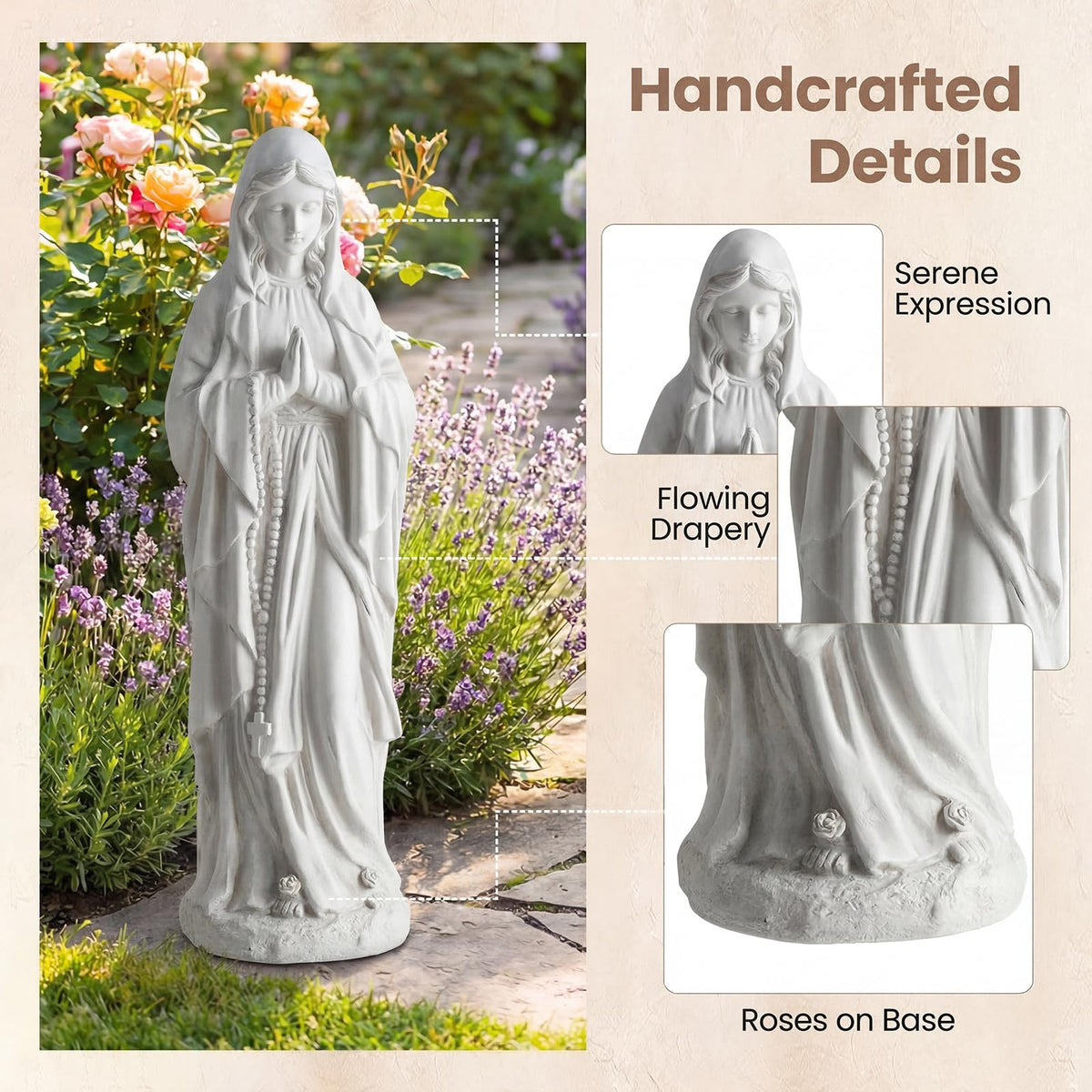 Lucktree Virgin Mary Praying Statue 29.5" | Blessed Mother Outdoor Religious Statue with Rosary Beads