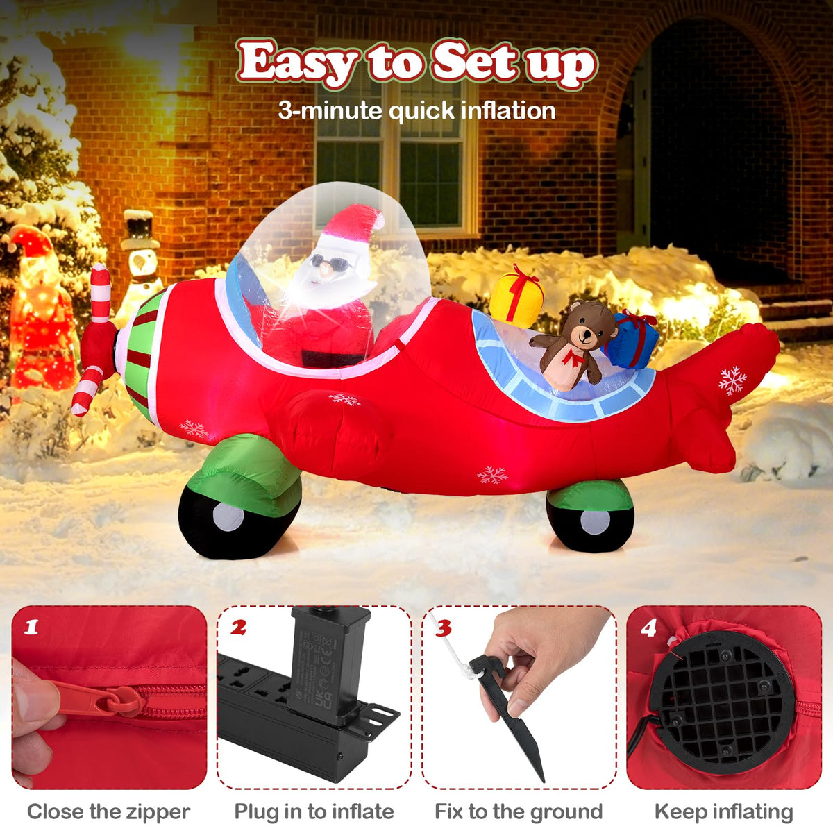 Lucktree 7.2 Ft Animated Inflatable Santa on Plane Pre-lit Blow up Yard Decoration