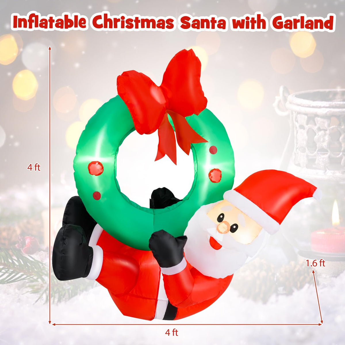 Lucktree Christmas Inflatables, 4FT Blow up Santa Claus w/LED Lights & Christmas Wreath