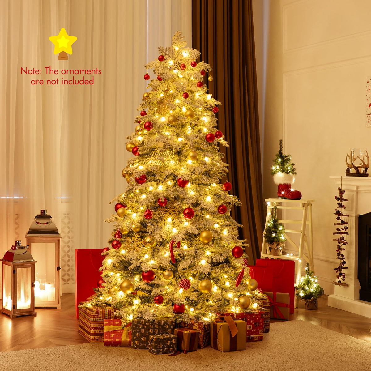 Lucktree Pre-Lit Snow Flocked Christmas Tree with Mixed Branch Tips & LED Lights