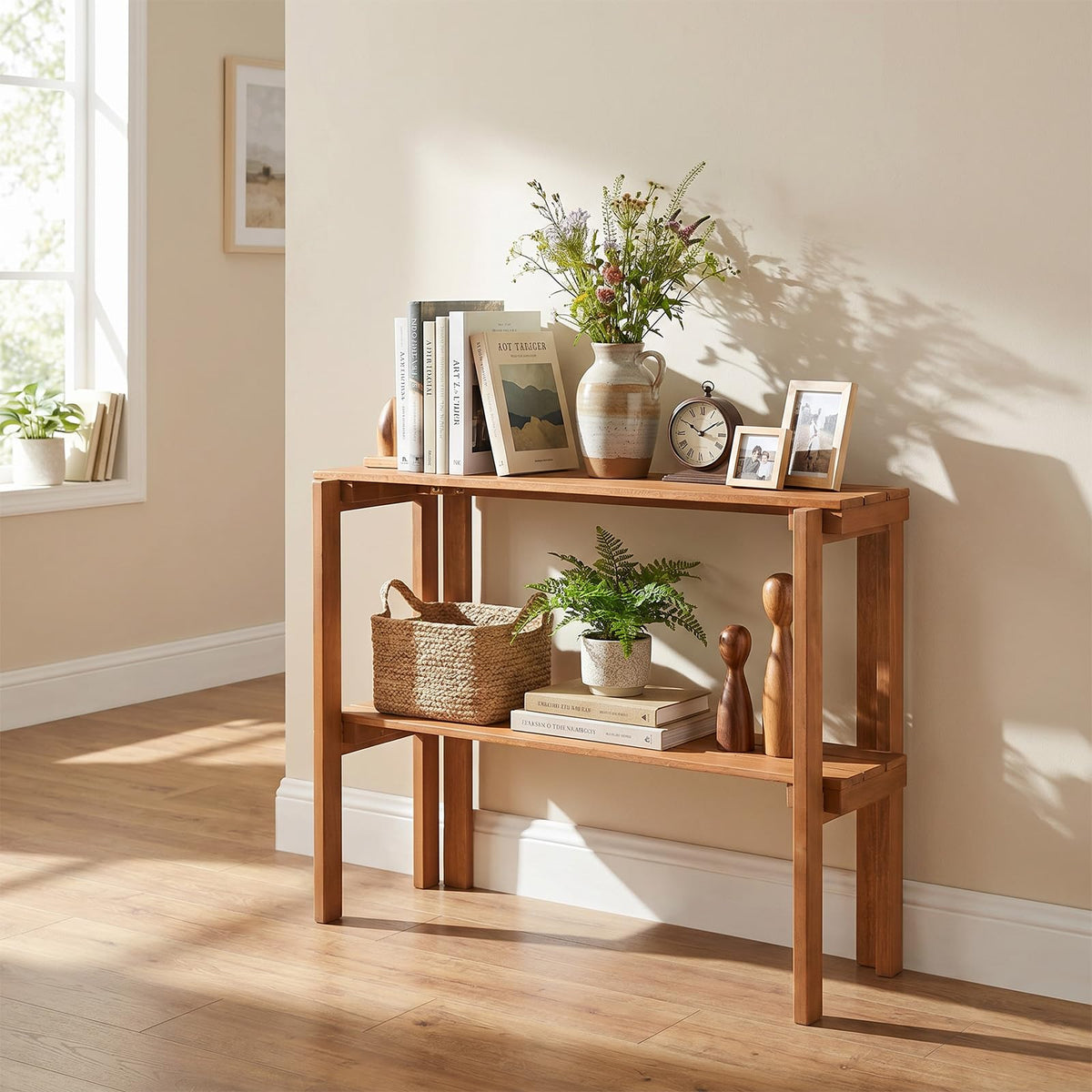 Lucktree 2-Tier Solid Wood Foldable Plant Shelf