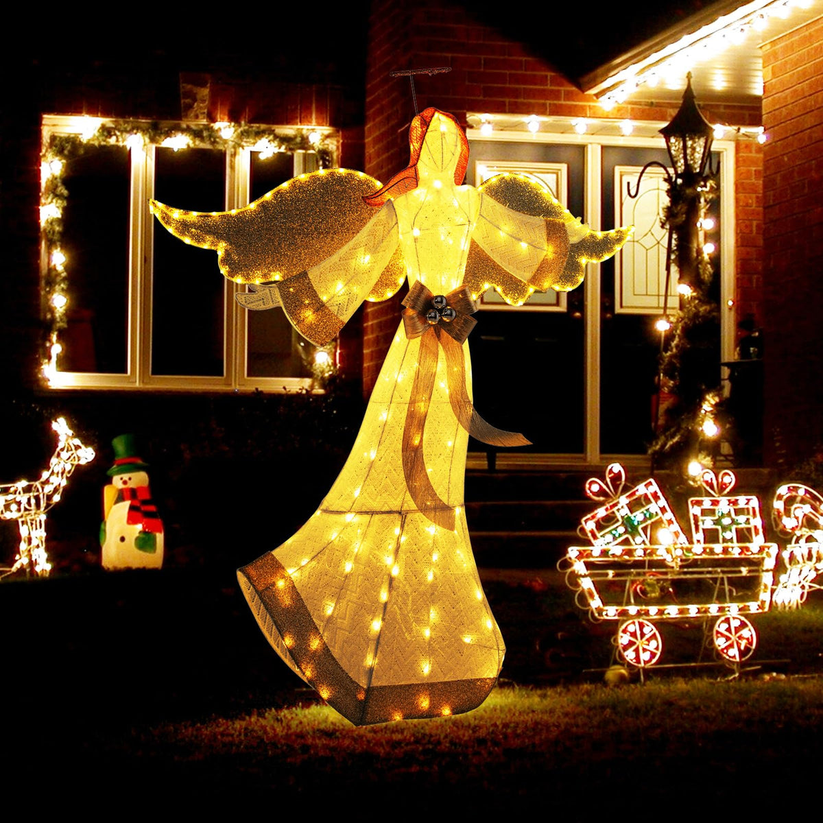 Lucktree 5.2 FT Christmas Lighted Angel, Pre-Lit Winged Holiday Figure Angel with180 Warm White LED Lights
