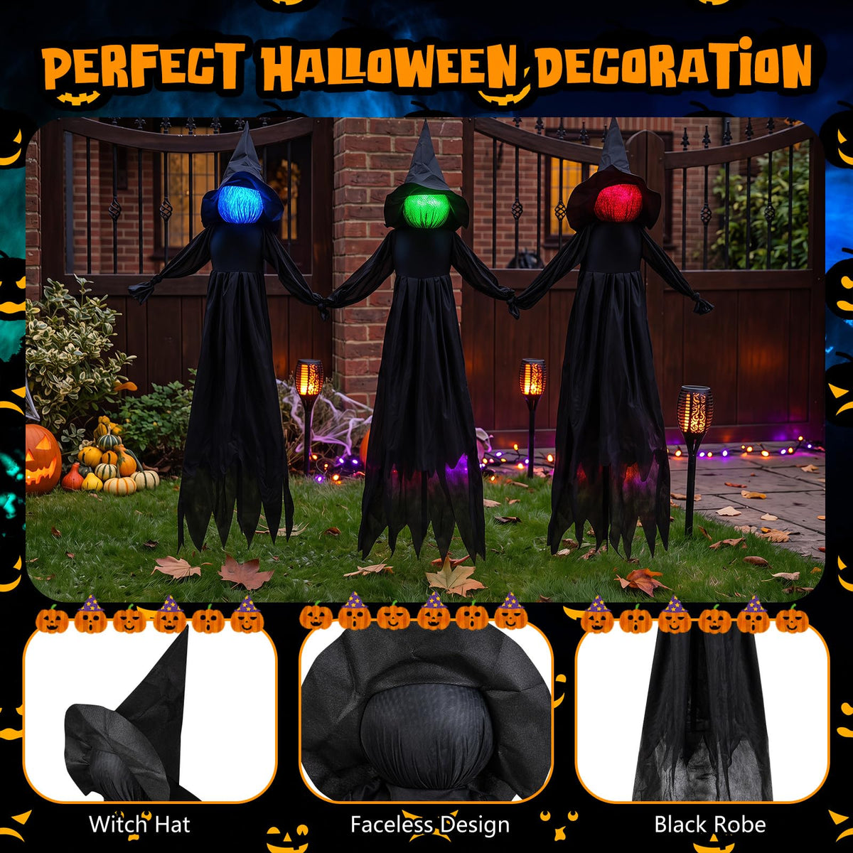 9.3 FT Outdoor Halloween Decoration Light Up Witch Stakes Set of 3