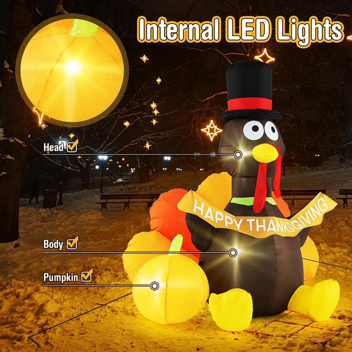 Lucktree 5 FT Thanksgiving Inflatable Turkey with Pumpkin, Blow up Decoration with LED Lights