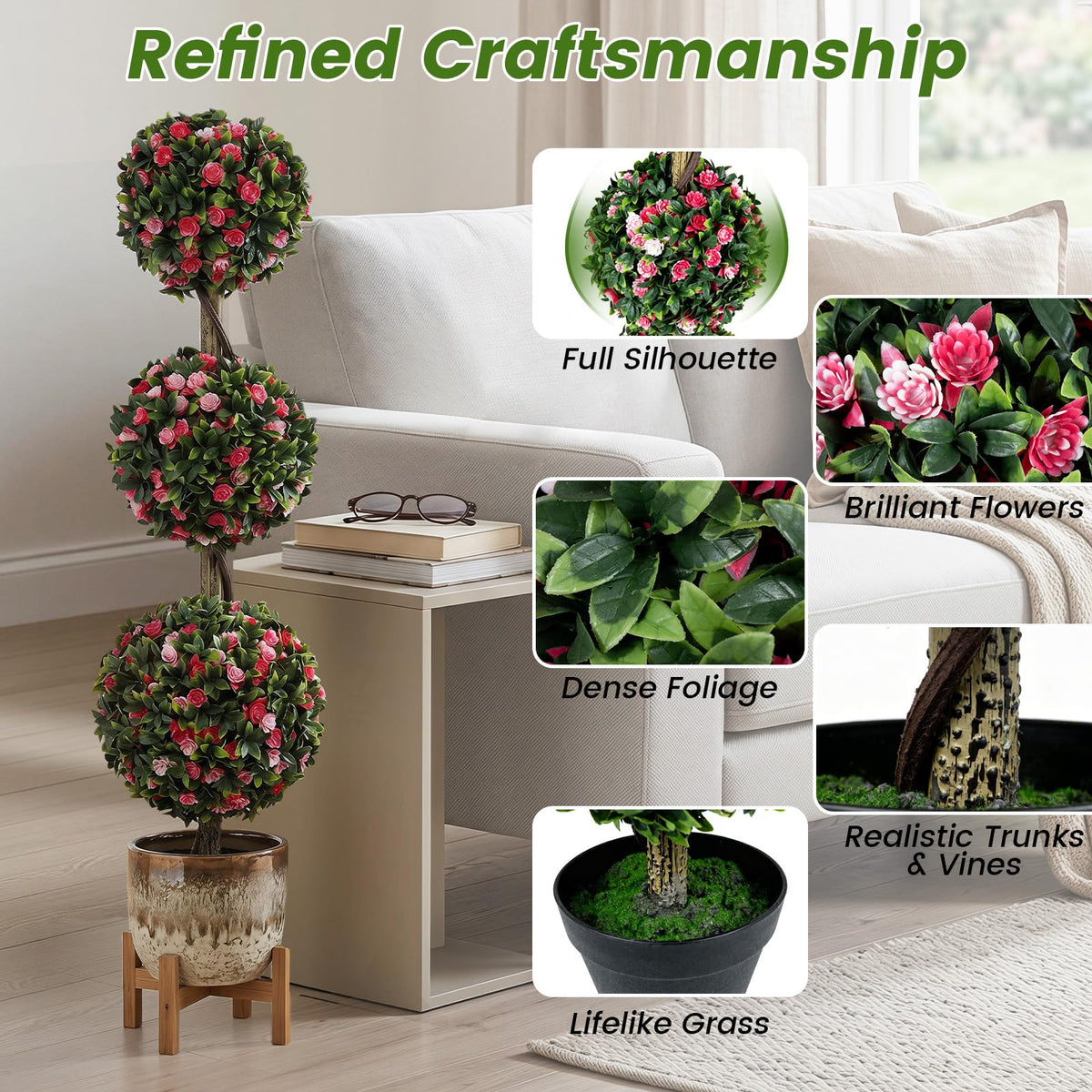 Lucktree 43.5" Faux Potted Floral Plant Artificial Triple Ball Rose Topiary Tree ( 1/2 pack )