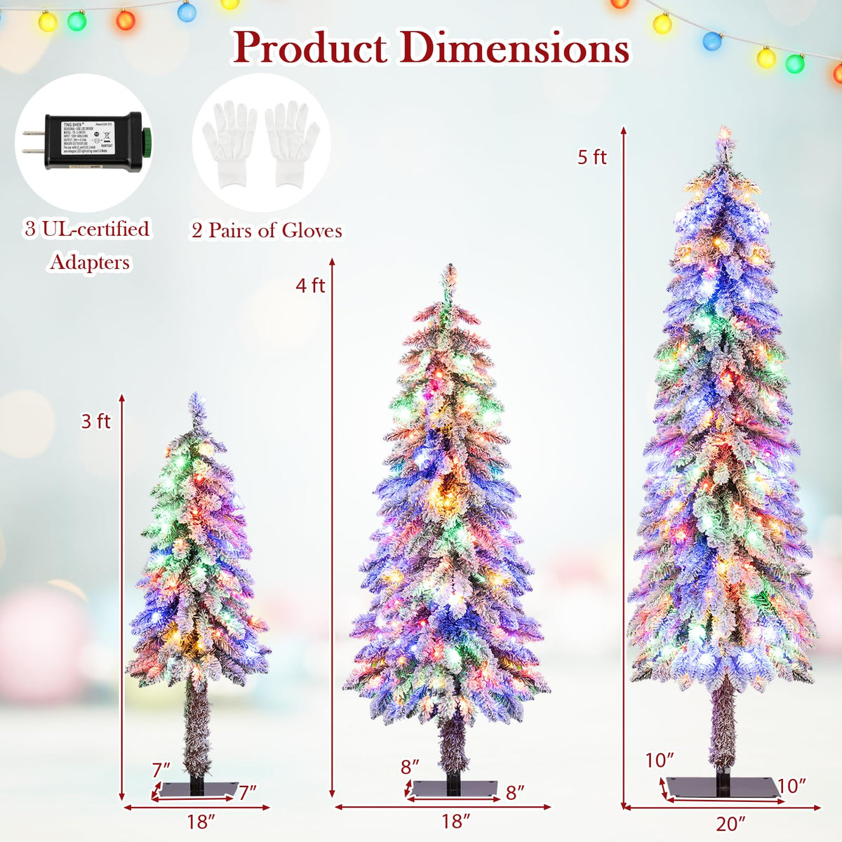 Lucktree 3' 4' 5' Pre-Lit Snow Flocked Christmas Tree Set of 3 with 300 Multicolored LED Lights