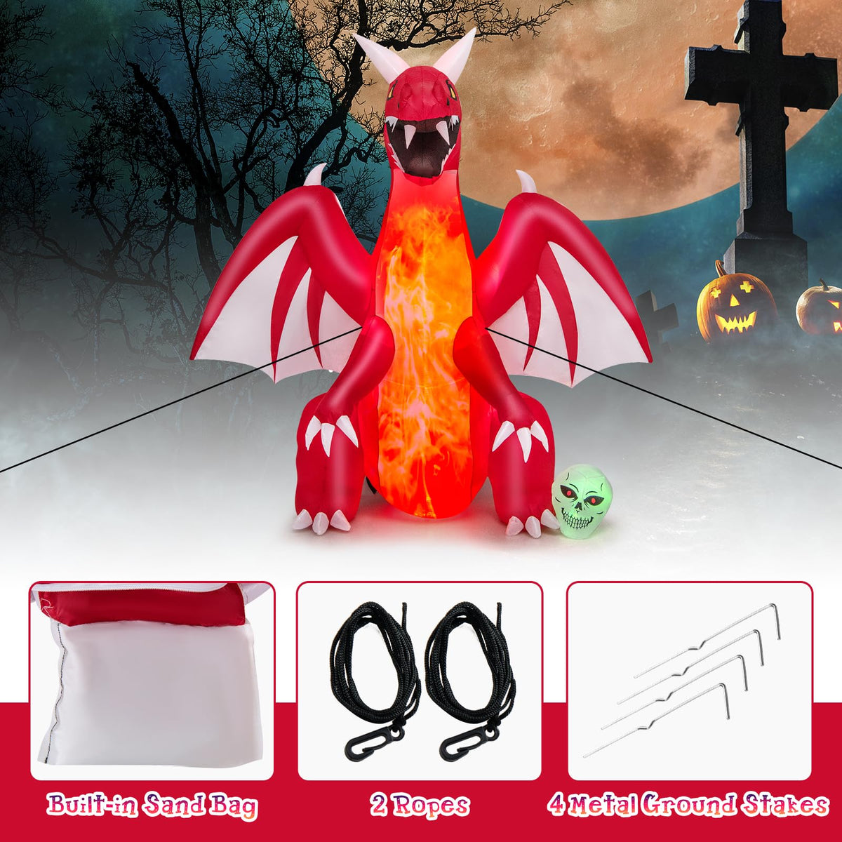 Lucktree 8 FT Halloween Inflatable Fire Dragon, Blow-up Red Dragon