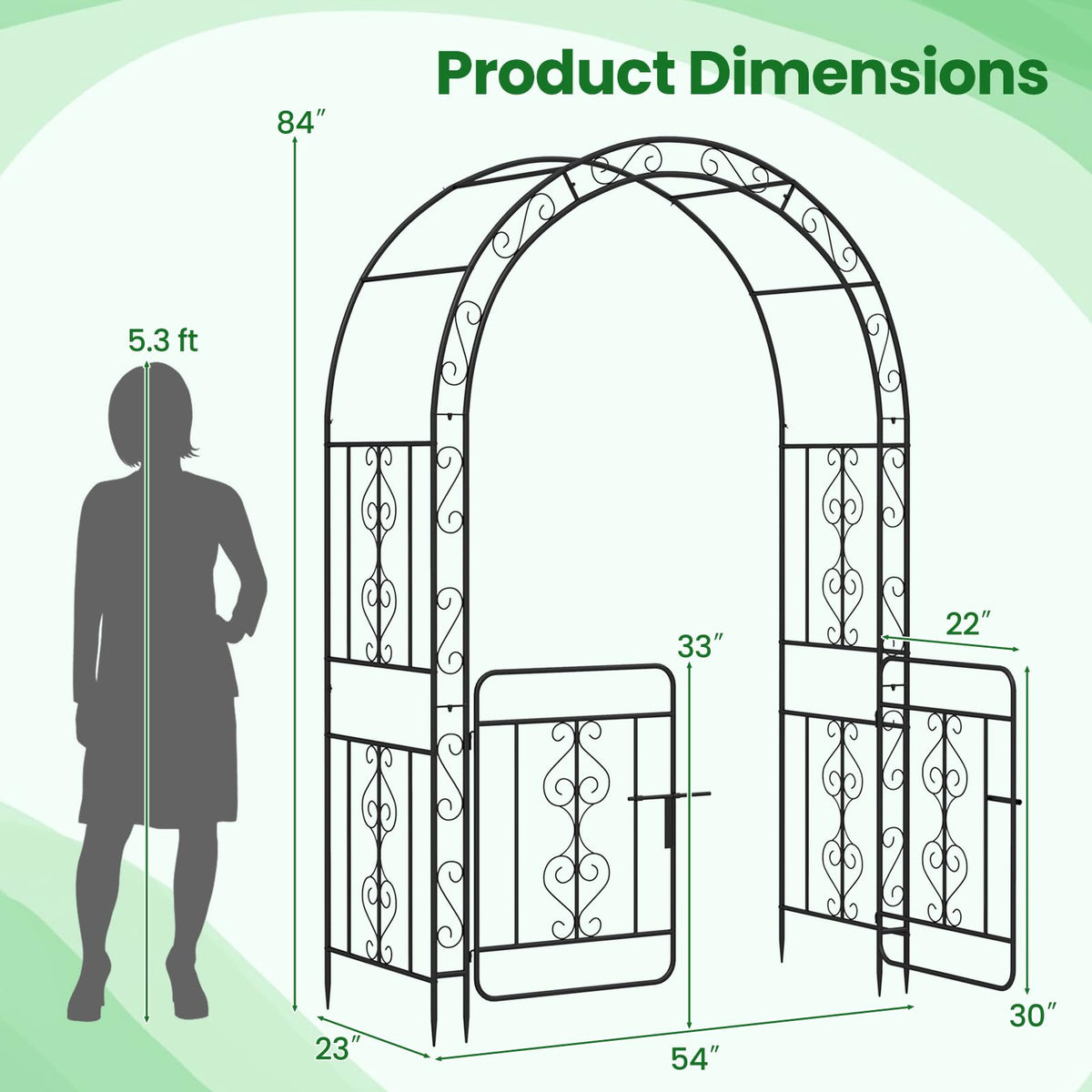 Lucktree Garden Arbor with Gate, 84" H x 54" W Metal Arch Trellis for Climbing Plants Rose Vines