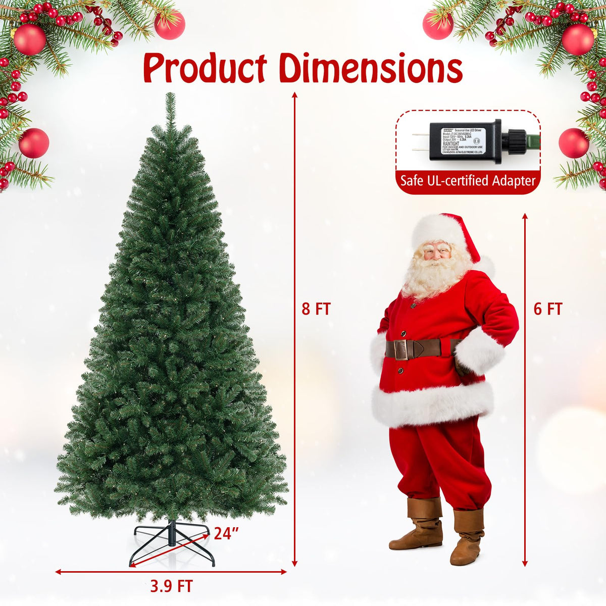 Lucktree 8ft Pre-Lit Christmas Tree, Artificial Hinged Xmas Tree with 400 Warm White LED Lights