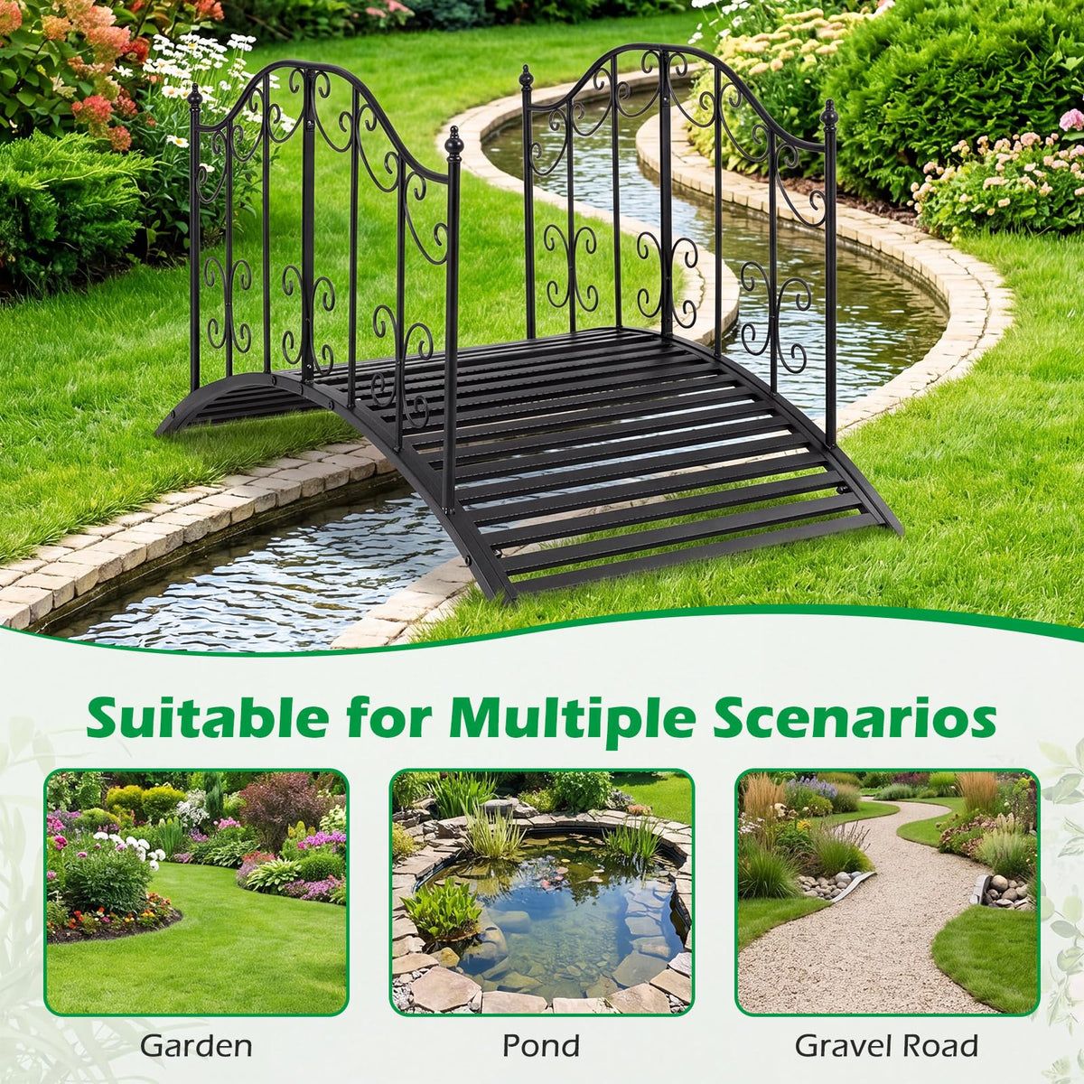 Lucktree 4 FT Metal Garden Bridge with Powder-Coated Finish & Scrollwork Rails