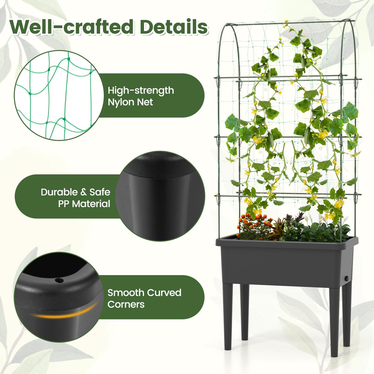Lucktree Raised Garden Bed with Climbing Trellis, Self-Watering Elevated Planter