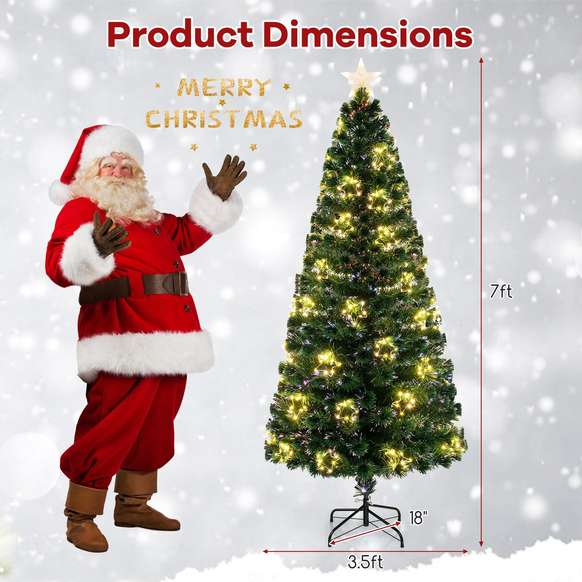 Lucktree 7ft Pre-Lit Fiber Optic Christmas Tree, Artificial Lighted Xmas Tree with 48 Warm-White Shape-Adjustable Star String Lights