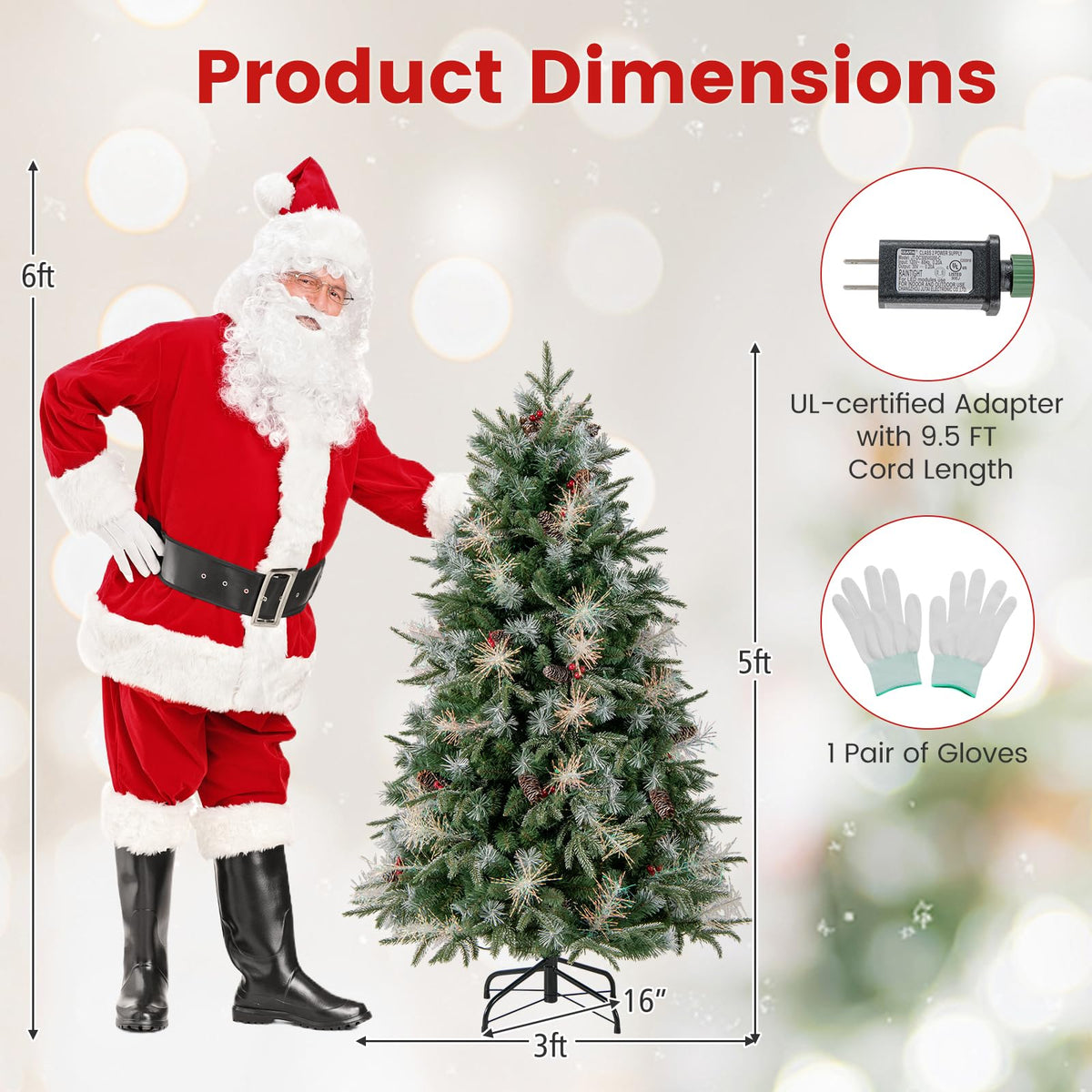 Lucktree 5FT / 6FT / 7FT Pre-Lit Artificial Christmas Tree with LED Lights Pine Cones Berries