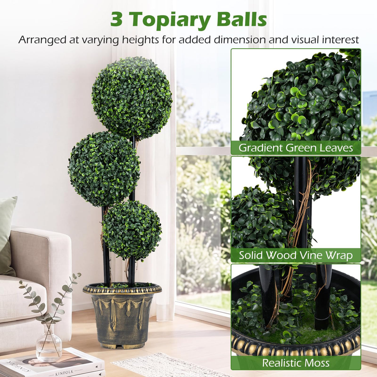 Lucktree 3 FT Artificial Boxwood Topiary Tree Sun-Protective Triple Ball Fake Plants Shrubs (1/2 Pack)