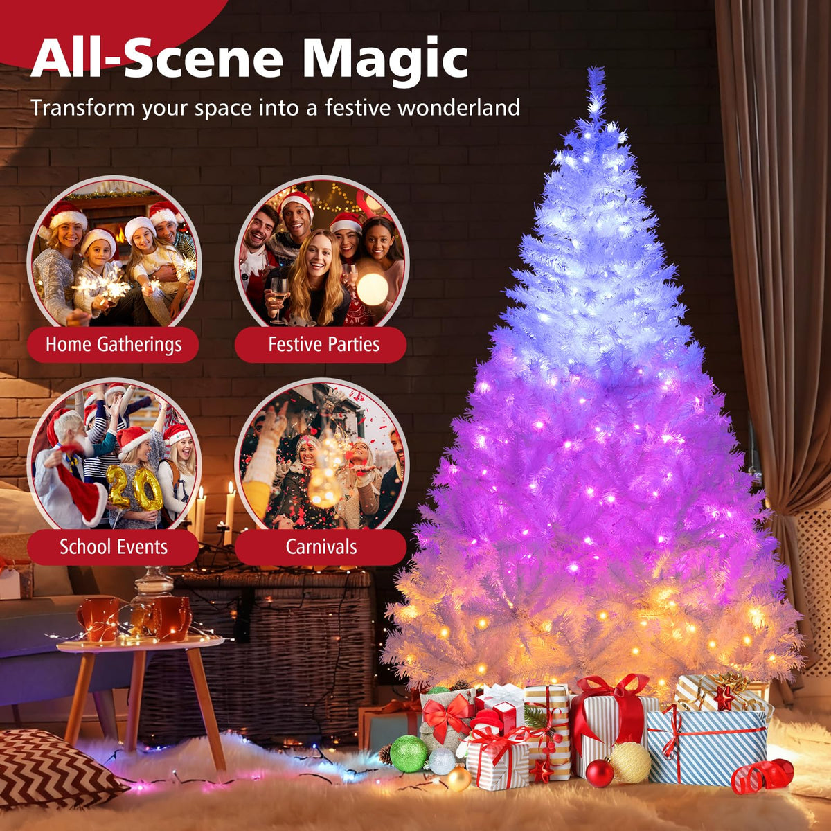 Lucktree White Pre-Lit Artificial Christmas Tree with Warm White & 3-Color LED Lights