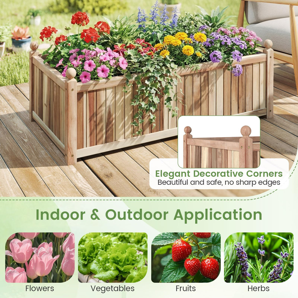 Lucktree Wooden Raised Garden Bed Natural Acacia Wood Rectangular Planter Box with Liner
