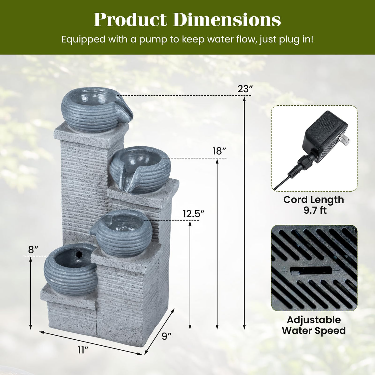 Lucktree 4-Tier Water Fountain Outdoor with Warm LED Lights & Pump