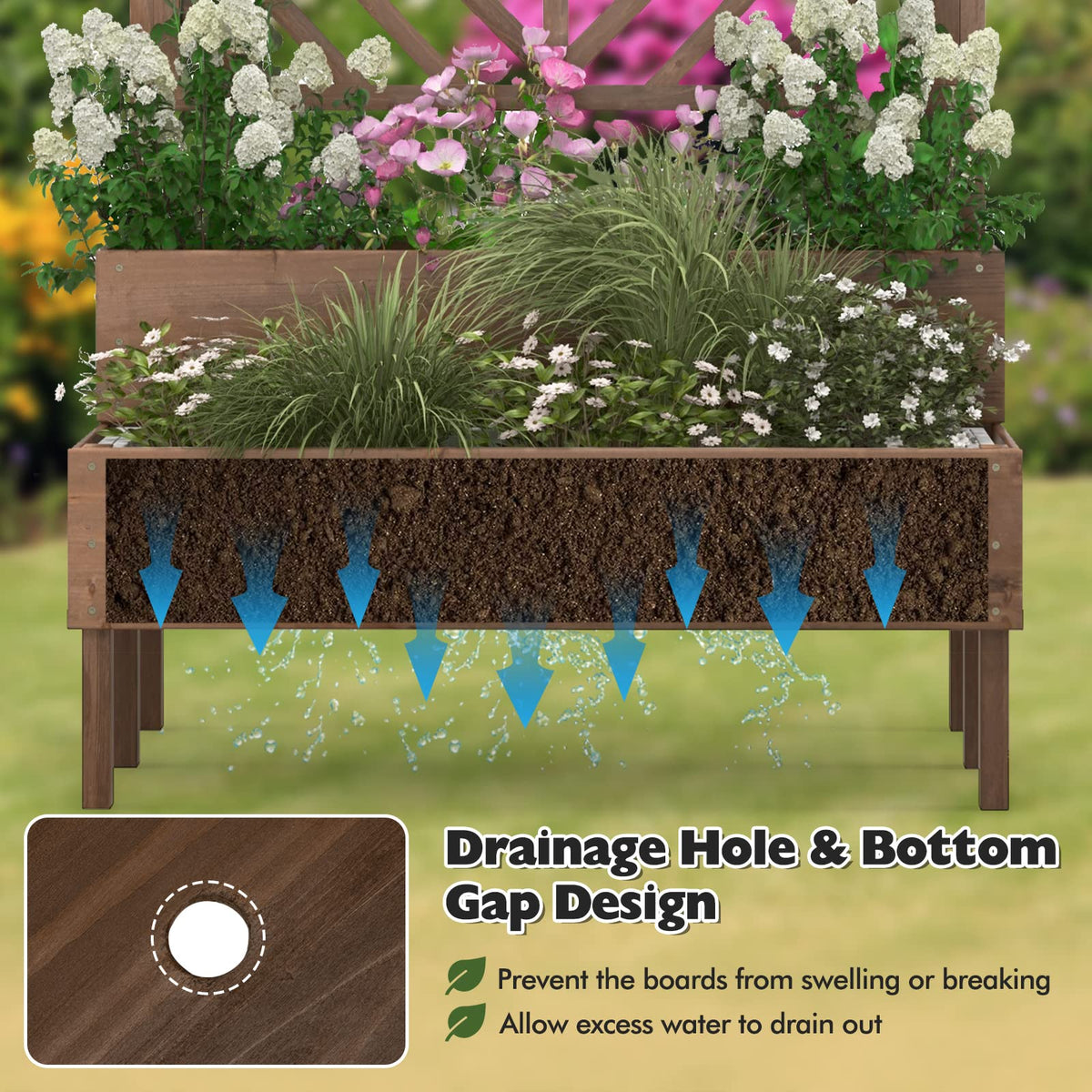 Lucktree Raised Garden Bed with Trellis, 2-Tier Wooden Planter Box with Legs and Drain Holes (Brown)