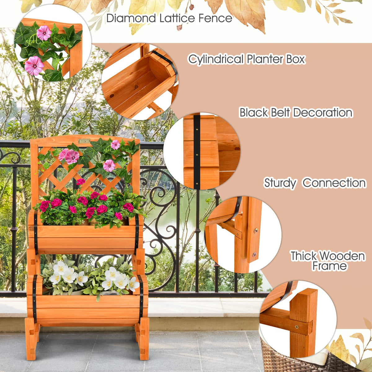 Lucktree Raised Garden Bed with 2 Barrel Planters & Trellis, 2-Tier Freestanding Wooden Raised Bed for Vegetable Flower Fruit