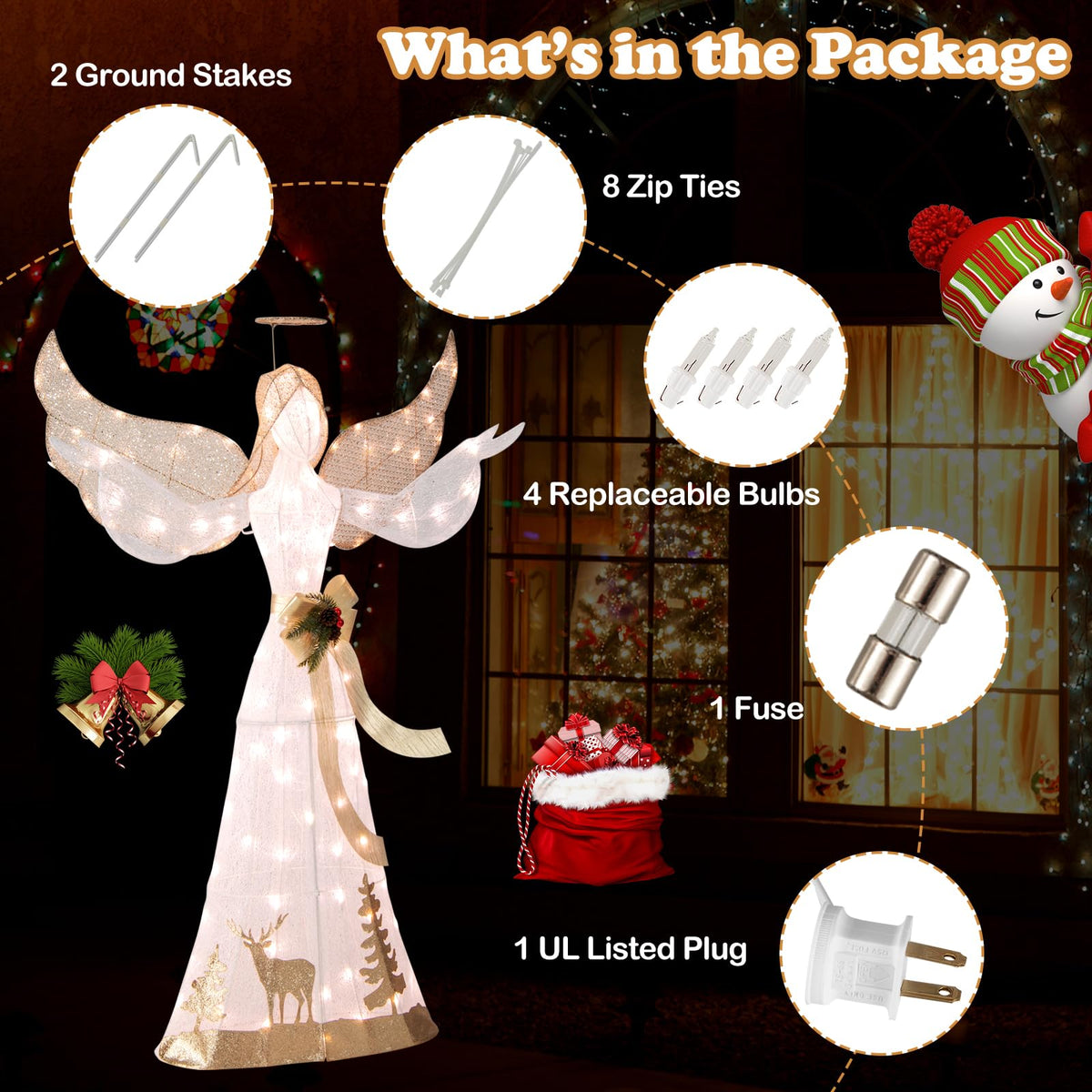 Lucktree Pre-lit 3D Glittered Angel with 100 Warm White Lights Halo Bow Ground Stakes