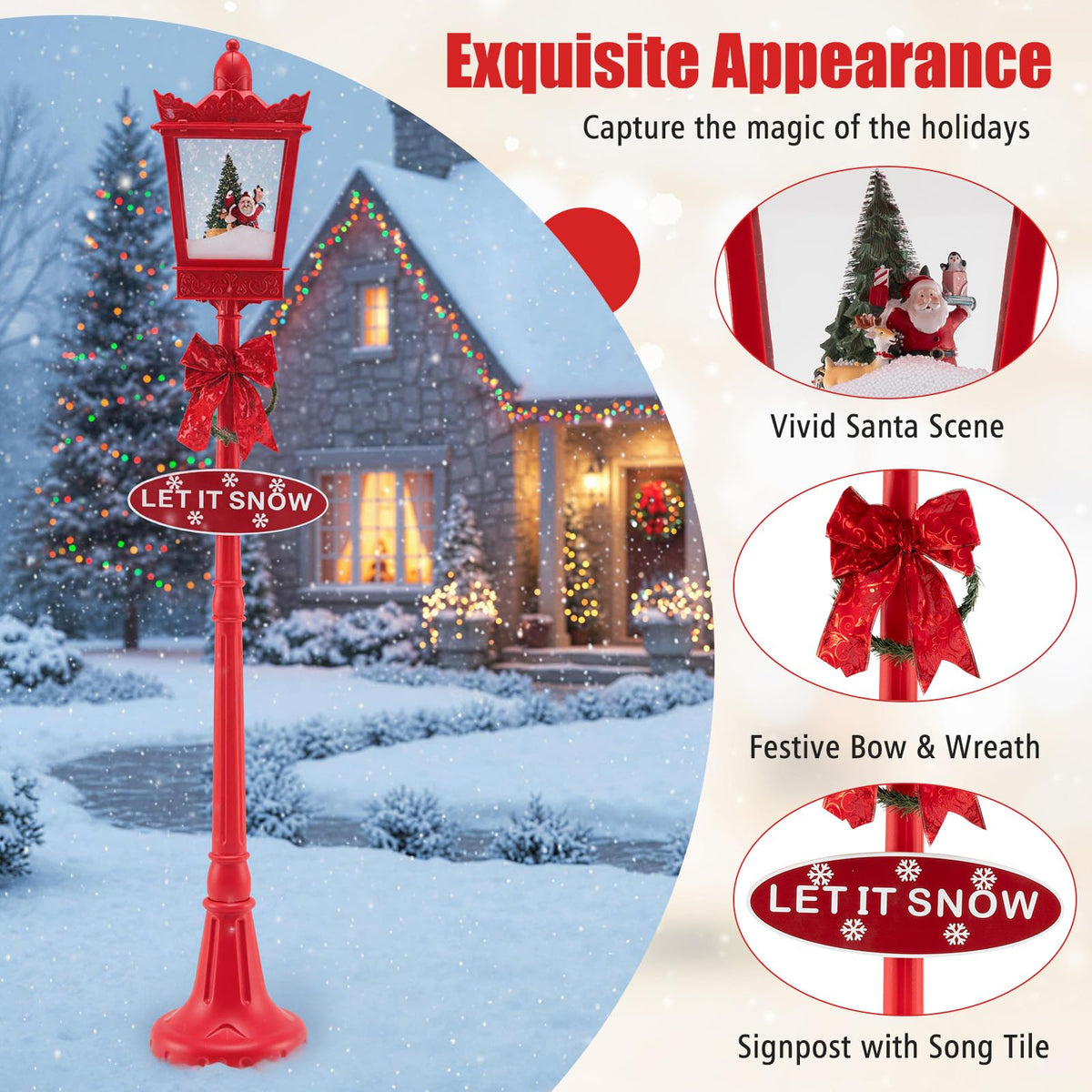 Lucktree 8 ft Musical Christmas Streetlight w/Warm White LED Lights Snowy Effects Santa Scene