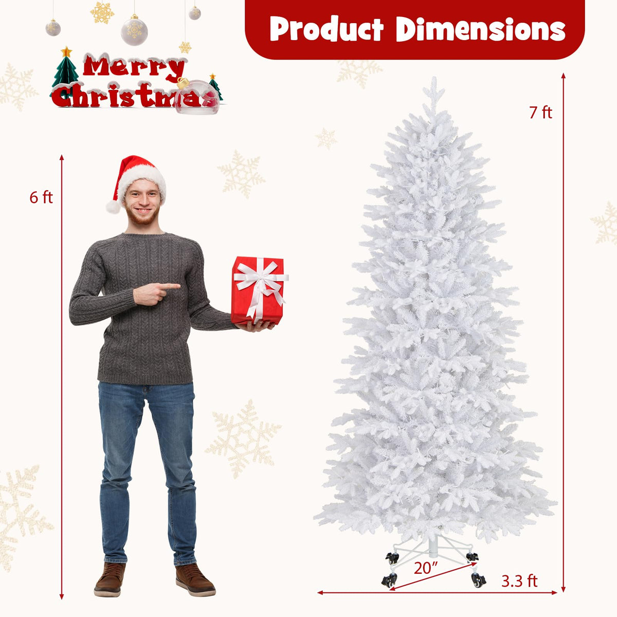 Lucktree 7ft Pre-Lit White Christmas Tree with Wheels & 900 Warm White LED Lights