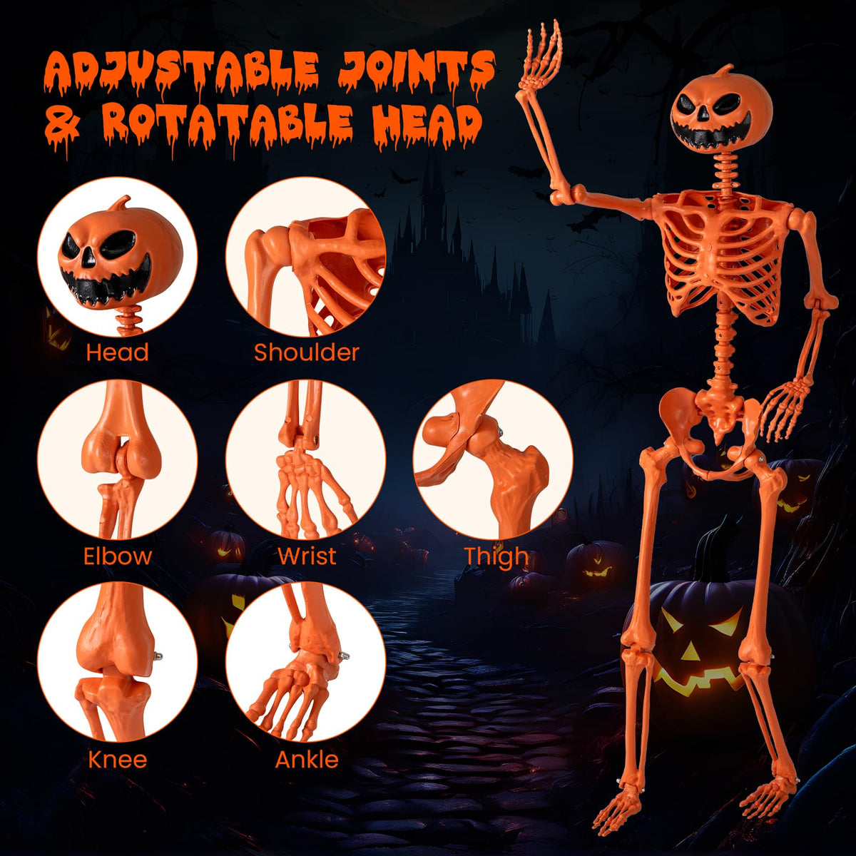 Lucktree 5.2 Ft Life-Size Posable Skeleton with Pumpkin Head Halloween Orange Skeleton Decoration