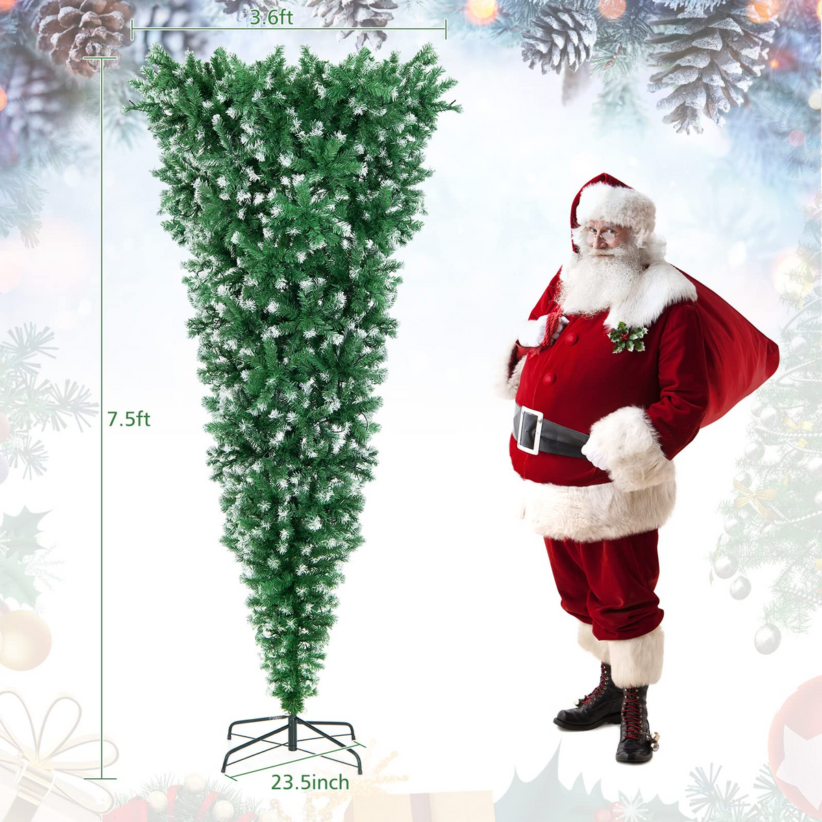 Lucktree 7.5ft Pre-lit Upside Down Christmas Tree, Hinged Inverted Artificial Xmas Tree W/ 1100 Snowy Branch Tips - LucktreeUS