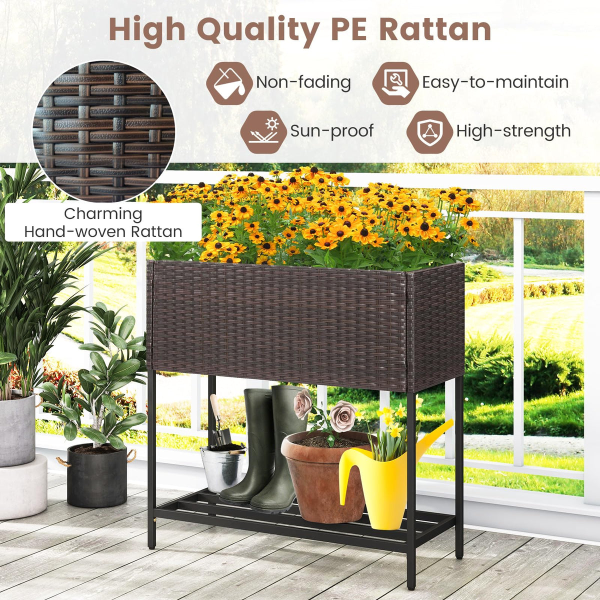 Lucktree Raised Garden Bed with Legs, Rattan Elevated Planter Box w/Storage Shelf