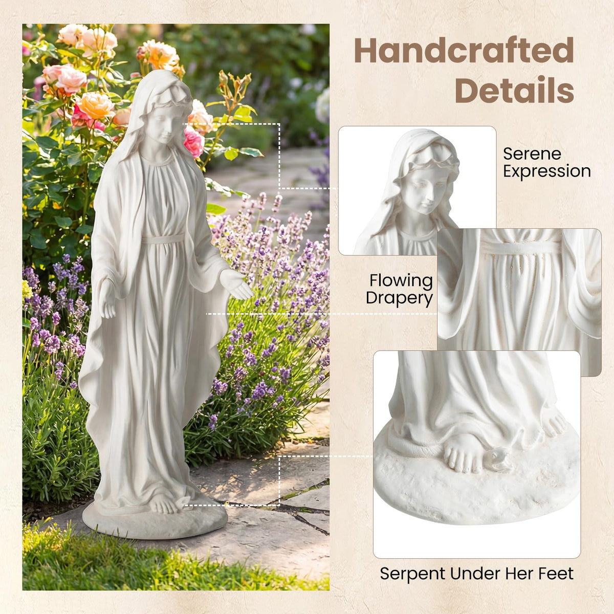 Lucktree Virgin Mary Garden Statue 29.5" | Blessed Mother Outdoor Religious Statue with Serpent