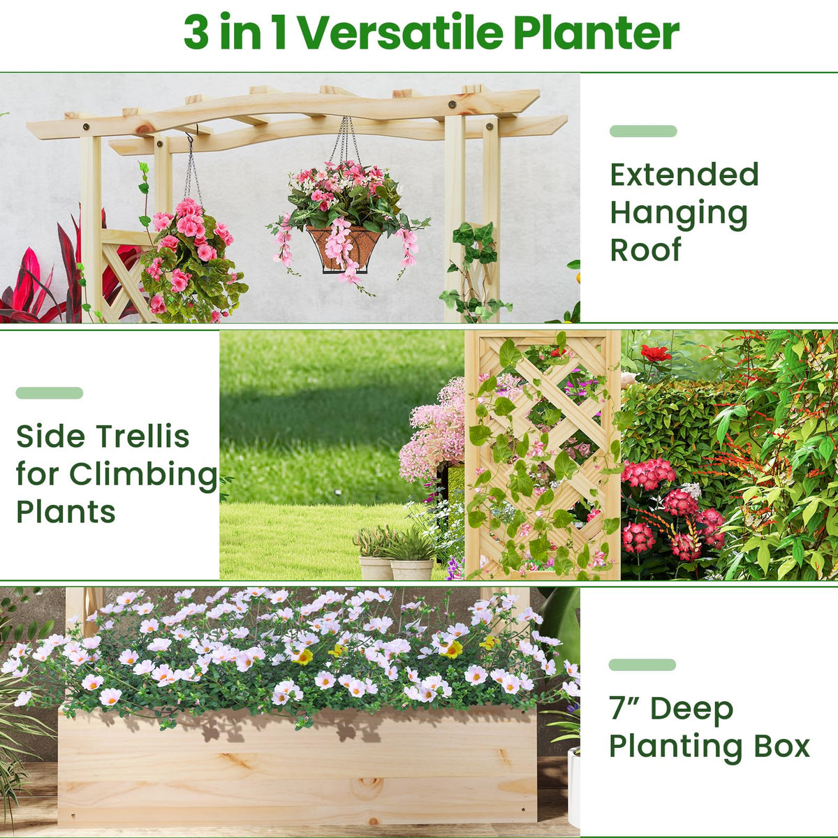 Lucktree Raised Garden Bed with Sided Trellis & Hanging Roof, Wood Planter Box, 44”x14”x45” (L x W x H)