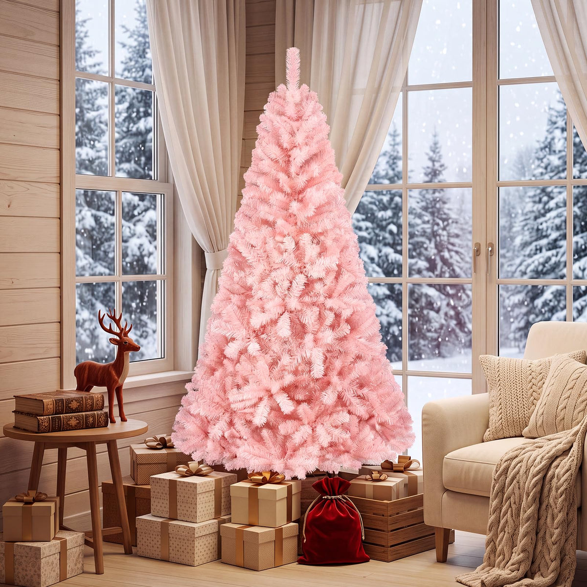 6FT Pink Artificial Christmas Tree with Folding Metal Stand
