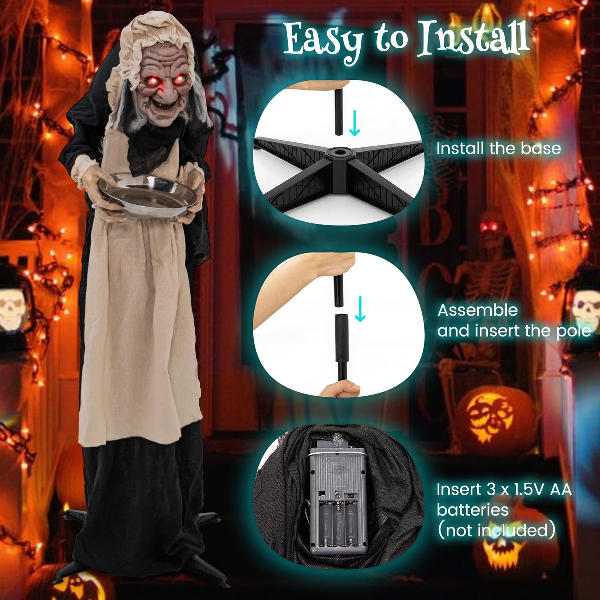 Lucktree 5.2FT Halloween Animated Standing Greeter Old Lady with Candy Dish