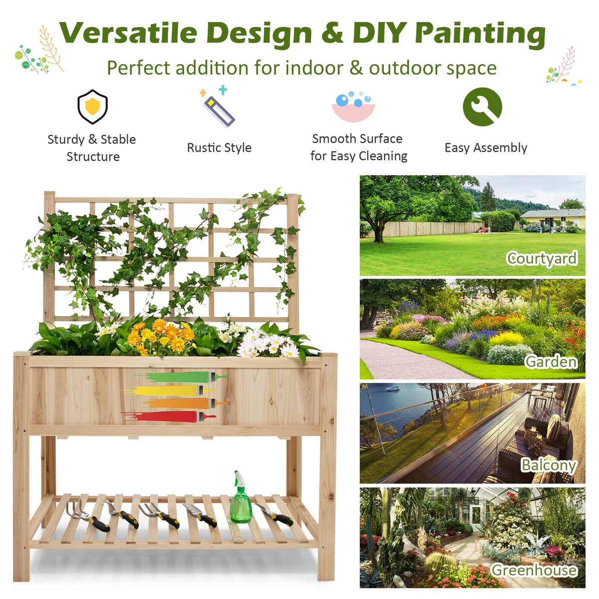Lucktree Wood Planter with Trellis, Standing Raised Garden Bed