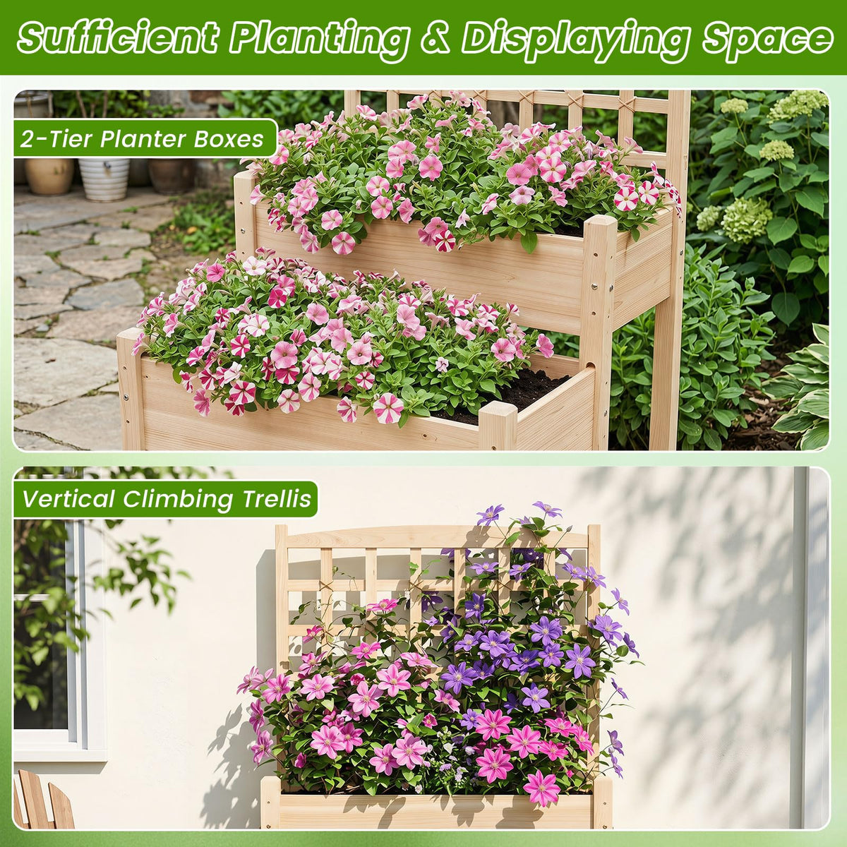 Lucktree 2-Tier Raised Garden Bed with Trellis for Climbing Plants