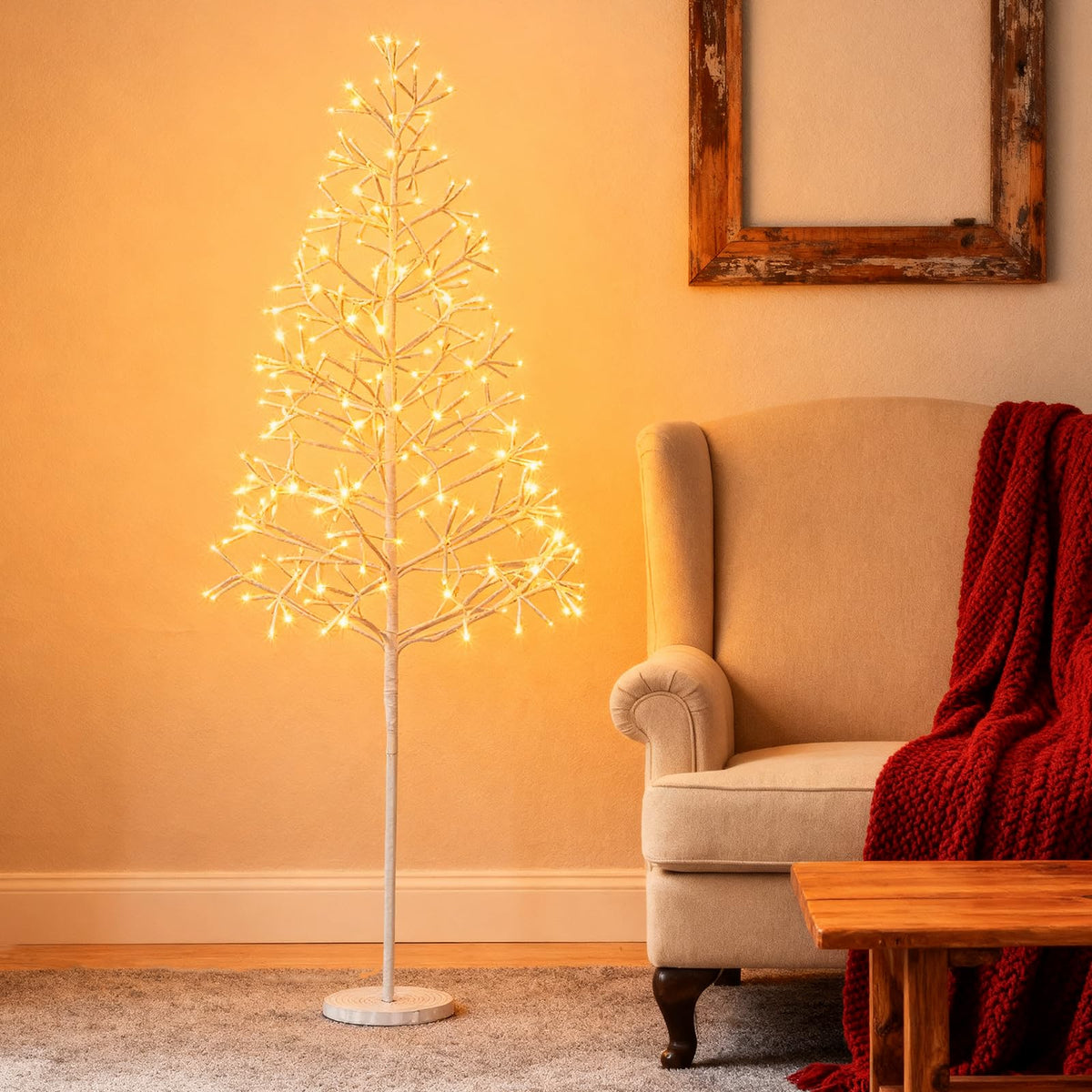 Lucktree LED Birch Tree, 5/6/7 FT Pre-lit Twig Tree with Warm White Light LED Lights, Weighted Base