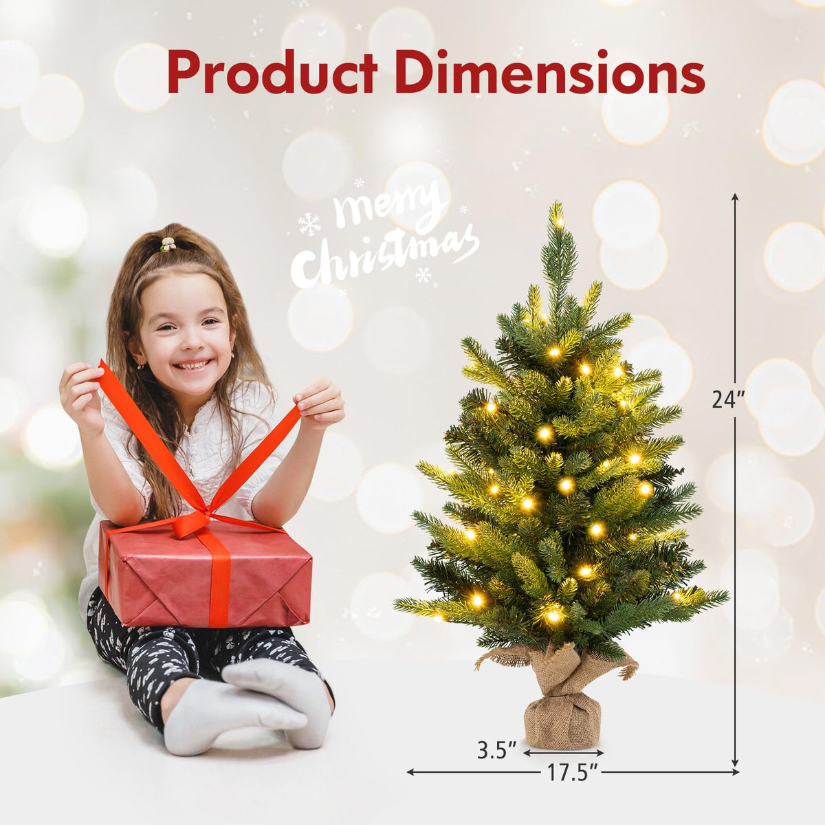 Lucktree 2ft Pre-Lit Tabletop Christmas Tree, Small Artificial Spruce Tree w/ 35 LED Lights