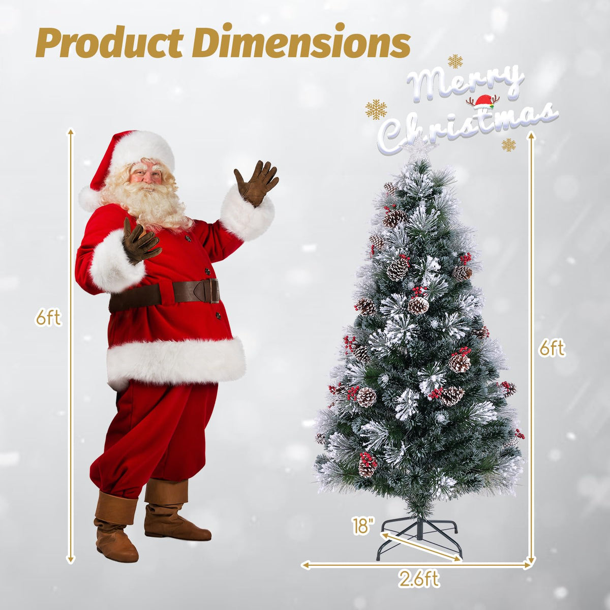 Lucktree Pre-lit Fiber Optic Christmas Tree, Artificial Snowy Xmas Tree with 49 Cool White LED Lights