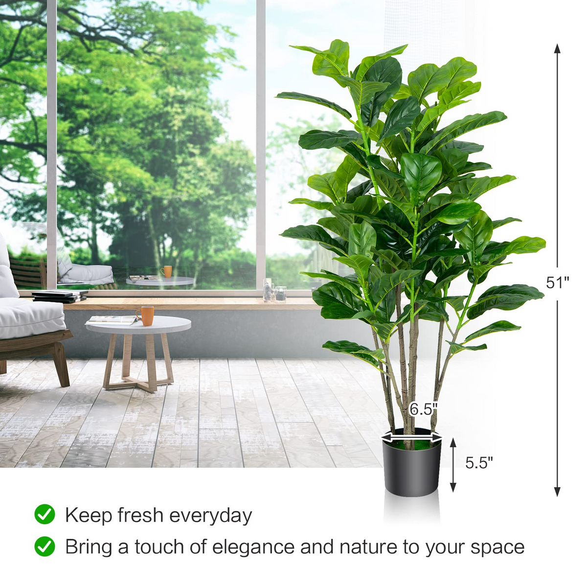 Lucktree Fake Fiddle Leaf Fig Tree, 2-Pack 51'' Tall Artificial Tree Greenery Plants in Pots W/100 Leaves - LucktreeUS