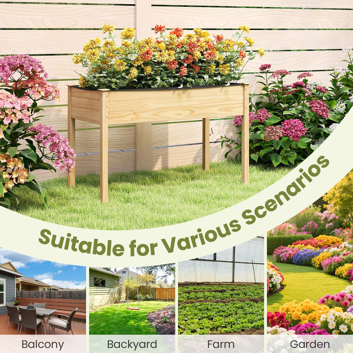 Lucktree 47"x23"x30"  Elevated Wood Planter Box with Liner