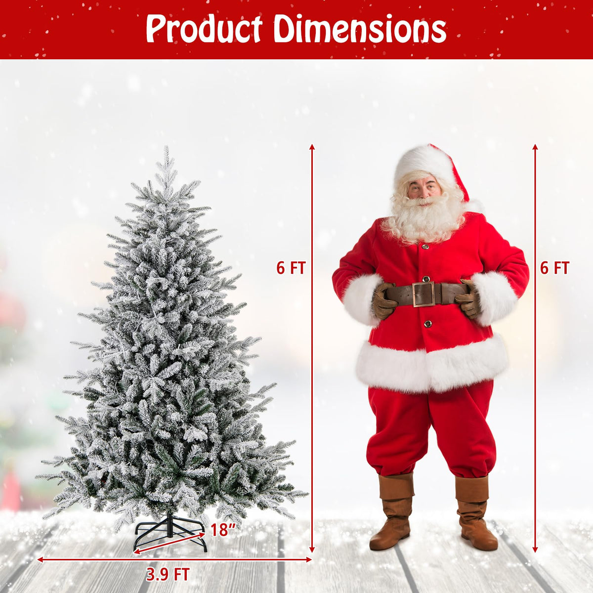 Lucktree 6ft Pre-Lit Snow Flocked Christmas Tree, Artificial Hinged Full Xmas Tree with 260 Multicolored LED Lights