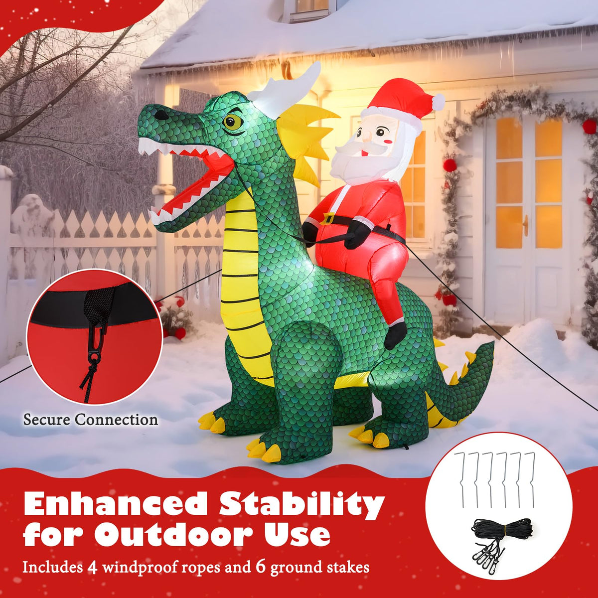 Lucktree 6.7 FT Inflatable Christmas Santa Claus Riding Dinosaur Decoration with Lights Stakes