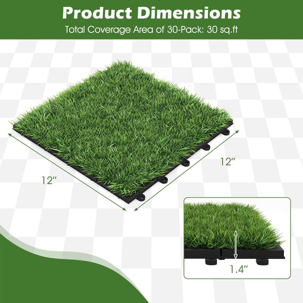Lucktree 12” x 12” Pack of 30 Fake Grass Turf Tiles Set