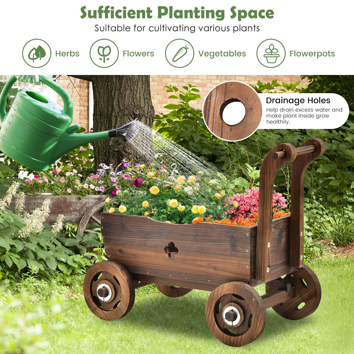 Lucktree Wooden Wagon Planter Raised Bed on Wheels, Handle, Drainage Hole