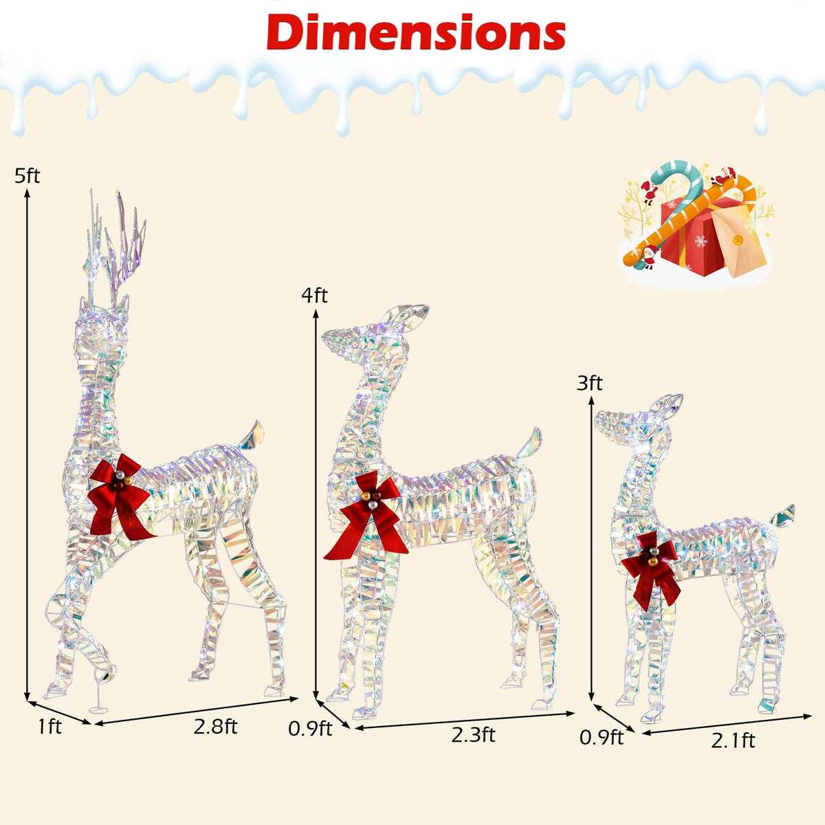 Lucktree 3-Piece Large Lighted Christmas Reindeer Family, Light up Xmas Decorations w/LED Lights & Bows