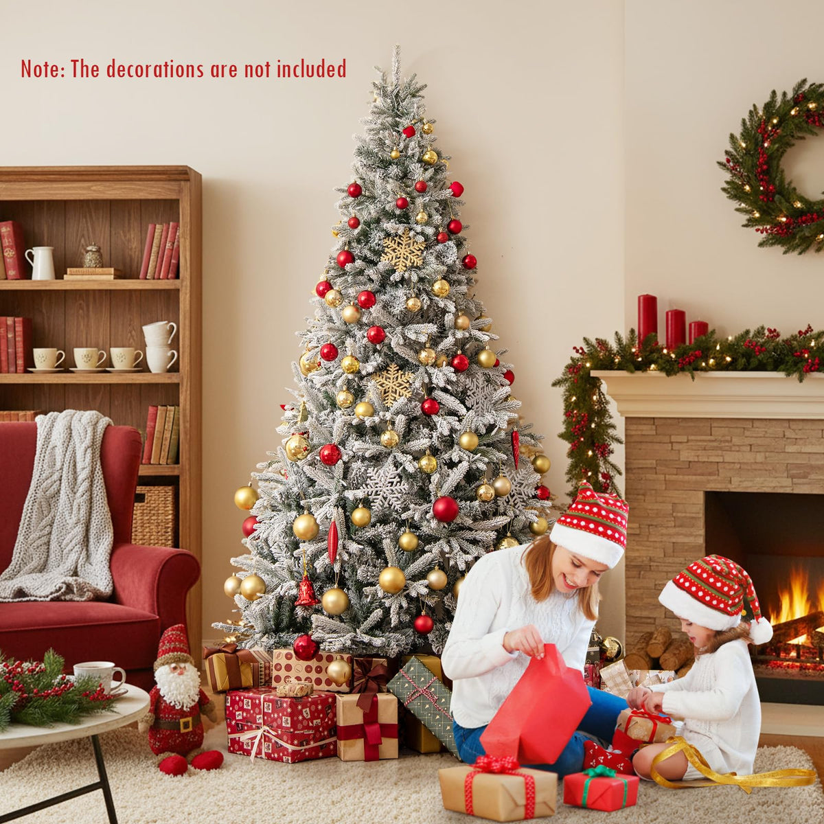 Lucktree 7 FT Half Snow Flocked Christmas Tree with 240 Warm White & Multicolored LED Lights