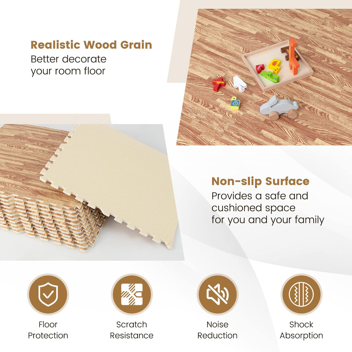 Lucktree 25 Pcs 24"x24" Faux Wood Grain EVA Foam Tiles with 50 Borders