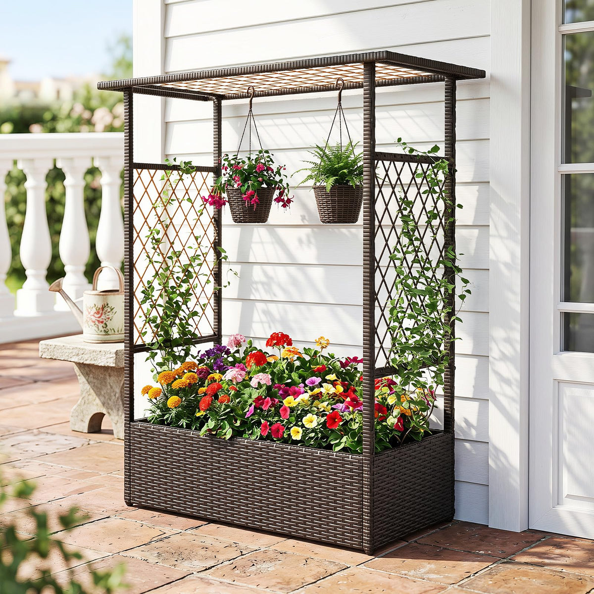 Lucktree Raised Garden Bed with Trellis & Hanging Roof
