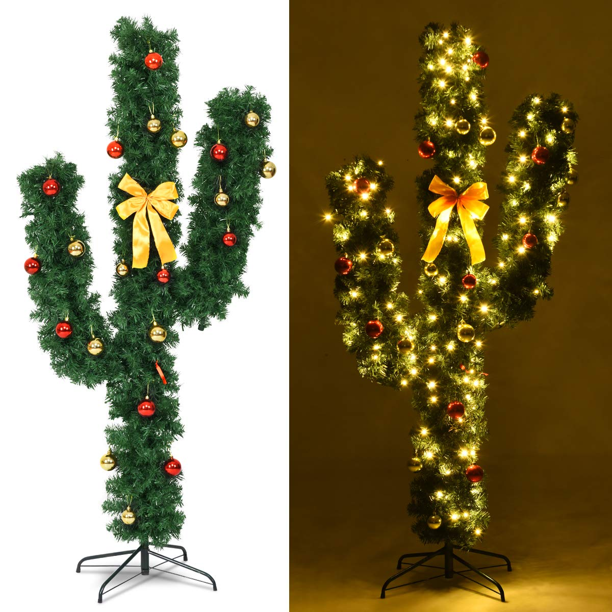 Lucktree Pre-Lit Artificial Cactus Christmas Tree with LED Lights and Ball Ornaments - LucktreeUS
