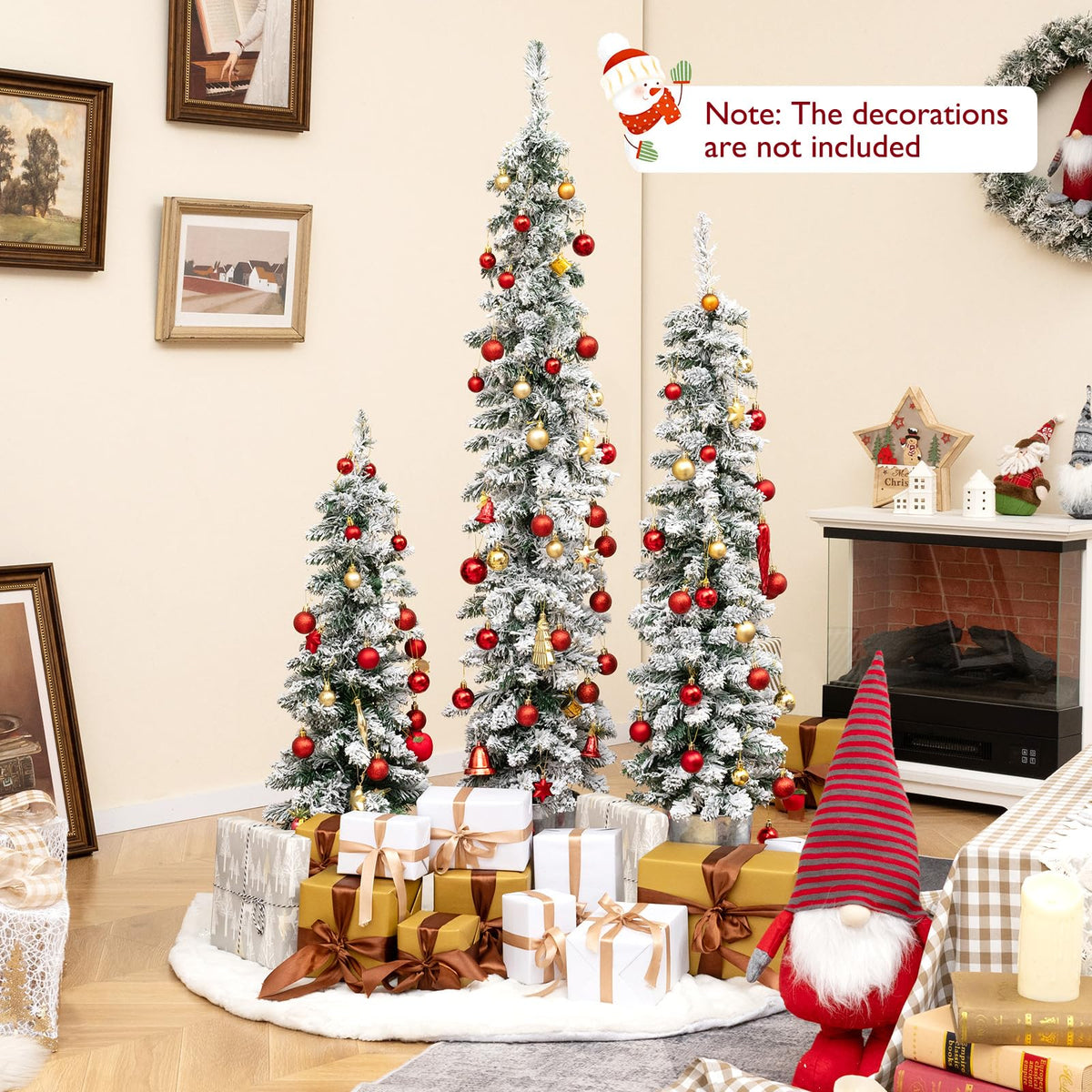 Lucktree 3' 4' 5' Pre-Lit Snow Flocked Christmas Tree Set of 3, Slim Pencil Artificial Potted Xmas Trees with 423 Branch Tips